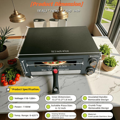 BeyGior Electric Pizza Oven Indoor,12 inch Countertop Pizza Maker with Viewing Window,Stainless Steel Commercial Pizza Oven, Removable Handle,Dual Baking Trays and Oven Mitts