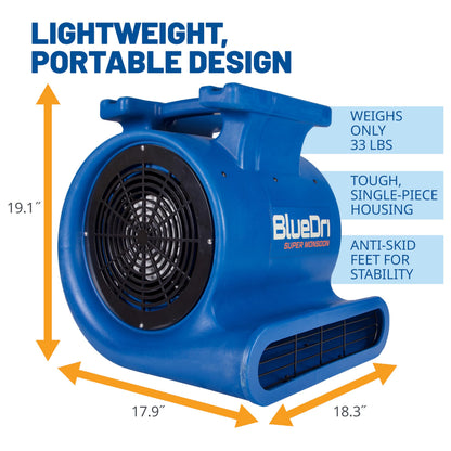 BlueDri Super Monsoon 1 HP, 4050 CFM Air Mover Blower Fan for Water Damage Restoration Carpet Dryer Floor Home and Plumbing Use, Blue, BD-SMNSN