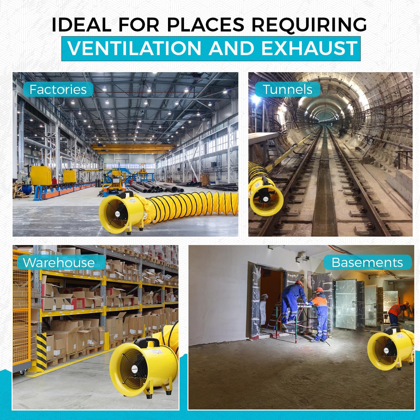 8 Inch Utility Blower Fan, 3300 RPM High Speed Heavy Duty Fan, IP44 Waterproof Extractor Fan with 33 ft PVC Duct Hose, Industrial Portable Exhaust Fan Ventilation Fan for Basements, Tunnels, Factories