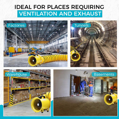 8 Inch Utility Blower Fan, 3300 RPM High Speed Heavy Duty Fan, IP44 Waterproof Extractor Fan with 33 ft PVC Duct Hose, Industrial Portable Exhaust Fan Ventilation Fan for Basements, Tunnels, Factories