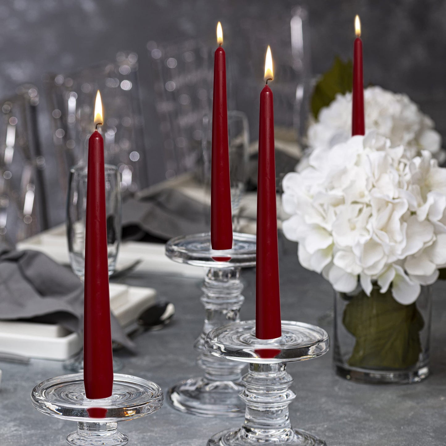 BOLSIUS Dark Red Taper Candles - 4 Pack Unscented 10 Inch Dinner Candle Set - 8 Hours Burn Time - Premium European Quality - Smokeless and Dripless Household Wedding, Spa, and Home Decor Candlesticks
