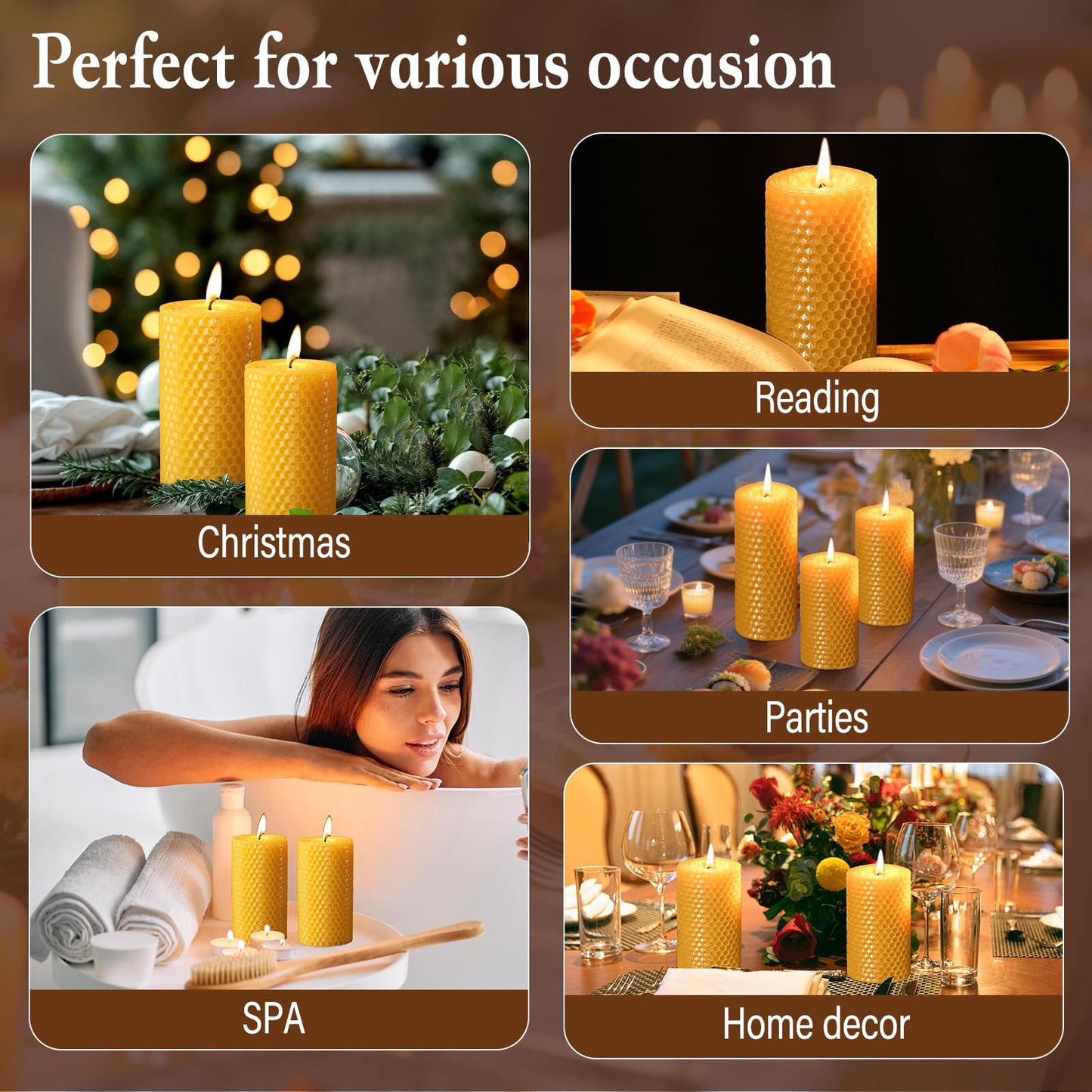 Beeswax Pillar Candles,Hand Rolled Honeycomb Design,3 Sizes,100 Hours Total