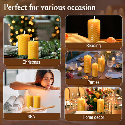 Beeswax Pillar Candles,Hand Rolled Honeycomb Design,3 Sizes,100 Hours Total