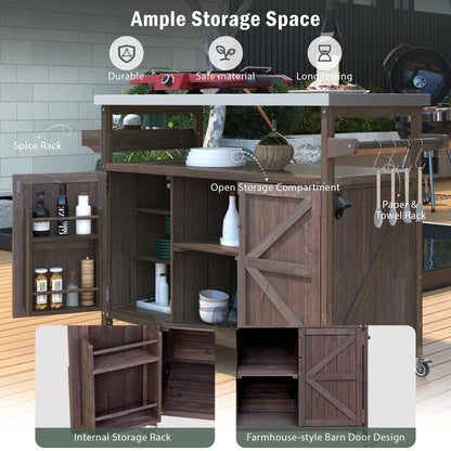 EOAWE Outdoor Grill Cart with Storage, Rolling Bar Cart and Lockable Wheels, Farmhouse Solid Wood Outdoor Grill Table with Stainless Steel Top, Spice Rack, Towel Rack for Kitchen and BBQ, Dark Brown