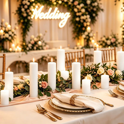 CCXTNQS Long Burning White Pillar Candles Bulk Set of 18, Unscented Low Drip Smokeless 2 in x 3, 6, 8 Inch Candle Set for Wedding Decor, Centerpieces, Mantel, Spa and Home Decor
