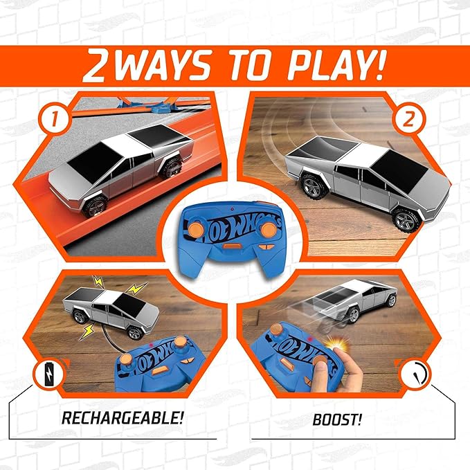 Hot Wheels RC Tesla Cybertruck 1:64 Scale Remote-Control Toy Vehicle Works On &amp Off Track Includes Track Adapter