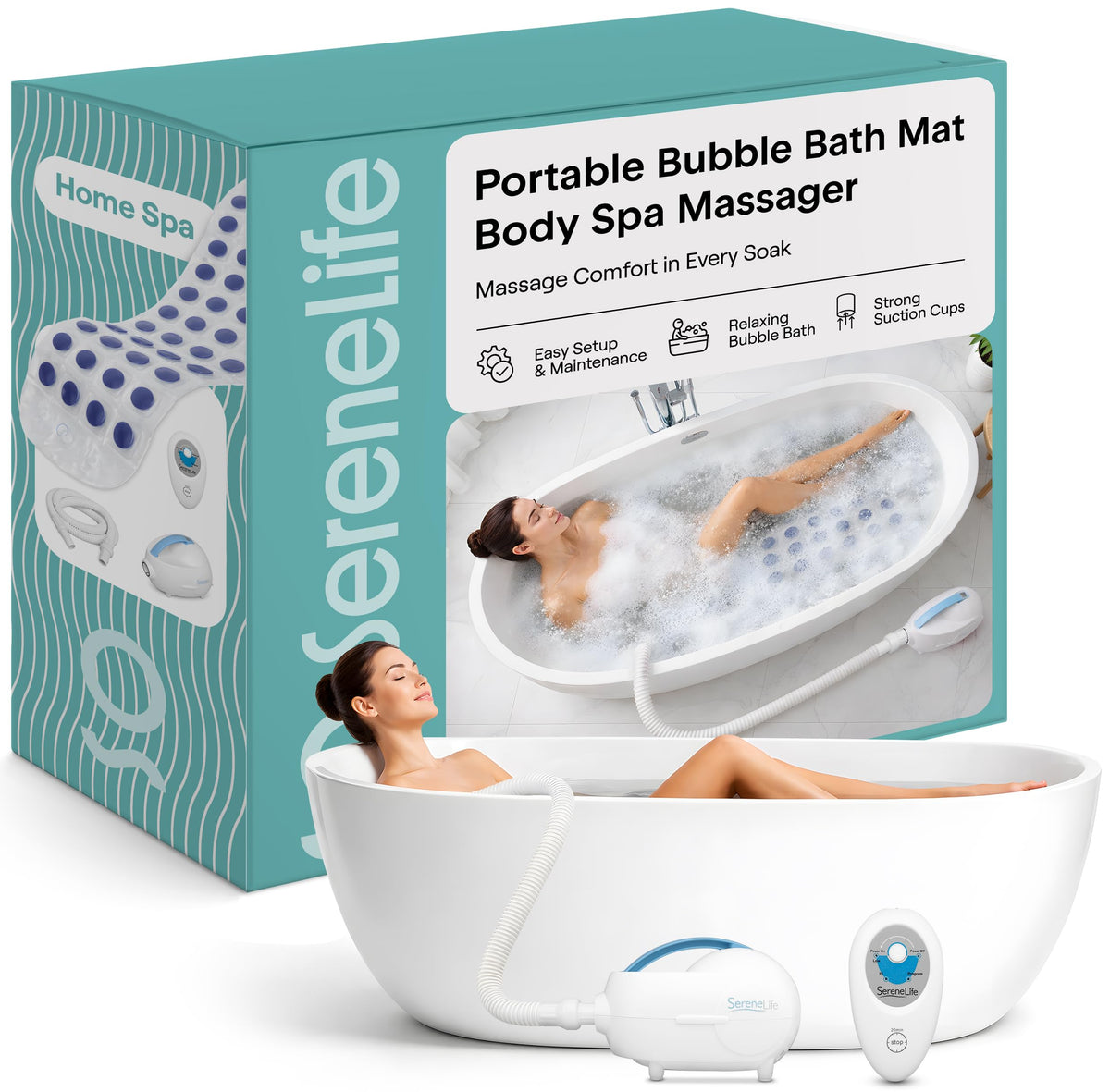 SereneLife Bubble Bath Mat, Bathtub Mat with Air Massage and Remote Control, Waterproof, Non-Slip, Adjustable Bubble Intensity, Aroma Diffuser, 47x14.2 Inch Full Body Spa Massager