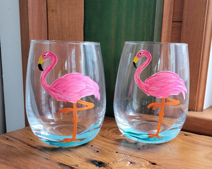 Pink Flamingo Hand Painted Stemmless Wine Glasses Set of 2 Tropical Home Decor