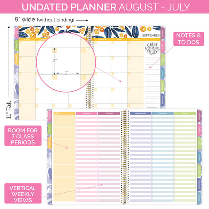 bloom daily planners Undated Academic Year Teacher Planner & Calendar - 7 Period Lesson Plan Organizer Book with Frosted Cover (9" x 11") (Watercolor Floral)
