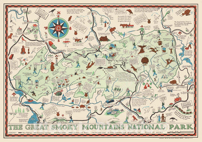 Great Smoky Mountains National Park Pictorial Map 1939 - Historical Print - 36in x 24in