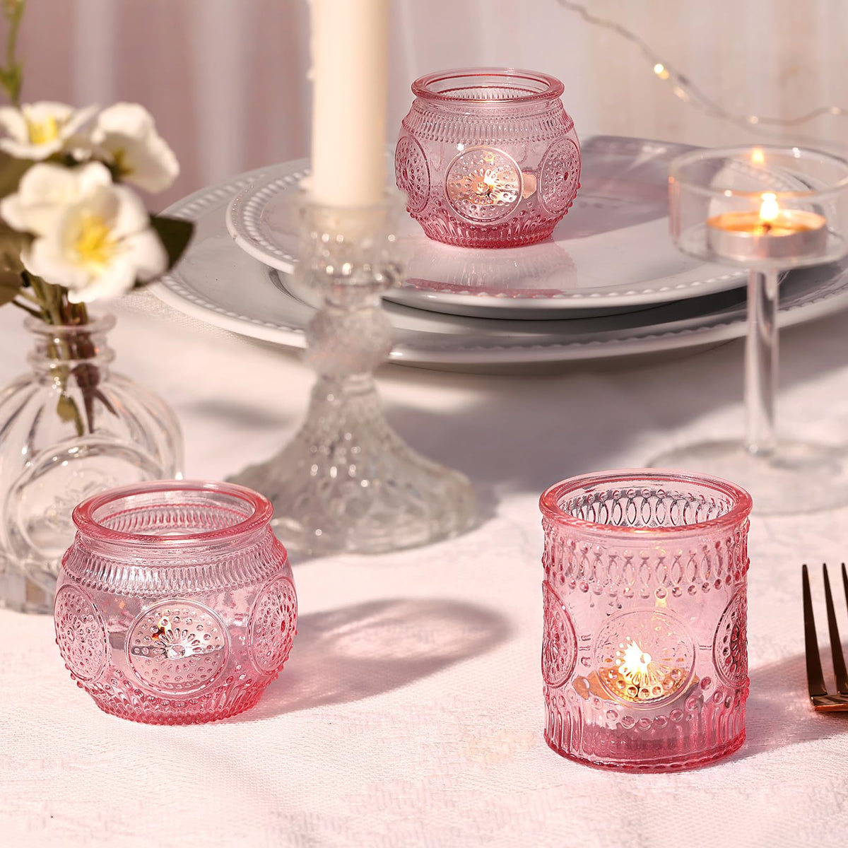 DARJEN 24Pcs Pink Votive Candle Holders- Glass Candle Holders Bulk for Flameless LED Tea Waxes, Romantic Candle Holder for Wedding Decor, Various Parties & Dinner Table