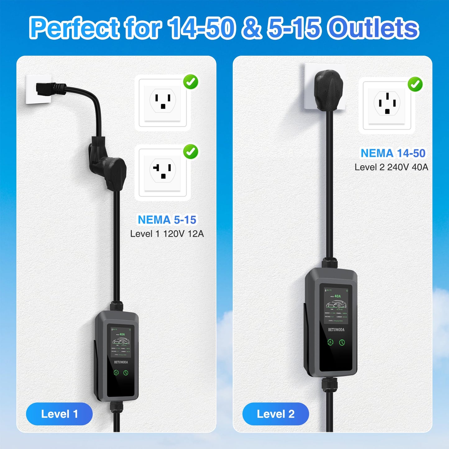 BETUMODA Level 2 EV Charger, 25ft,110V-240V, Portable Charger for Home/Outdoor,NEMA14-50 Plug and NEMA 5-15 Adapter Compatible with All J1772 Electric Cars/PHEV (Tesla Need Adapter) (40, Amps)