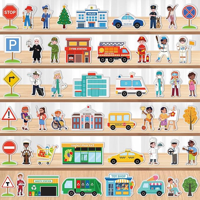 50 Pcs Wooden Community Helpers Play Set Community Includes Little Wooden People Buildings Cars Multicultural Figurines Toy Preschool Little Professionals Block Character (Classic)