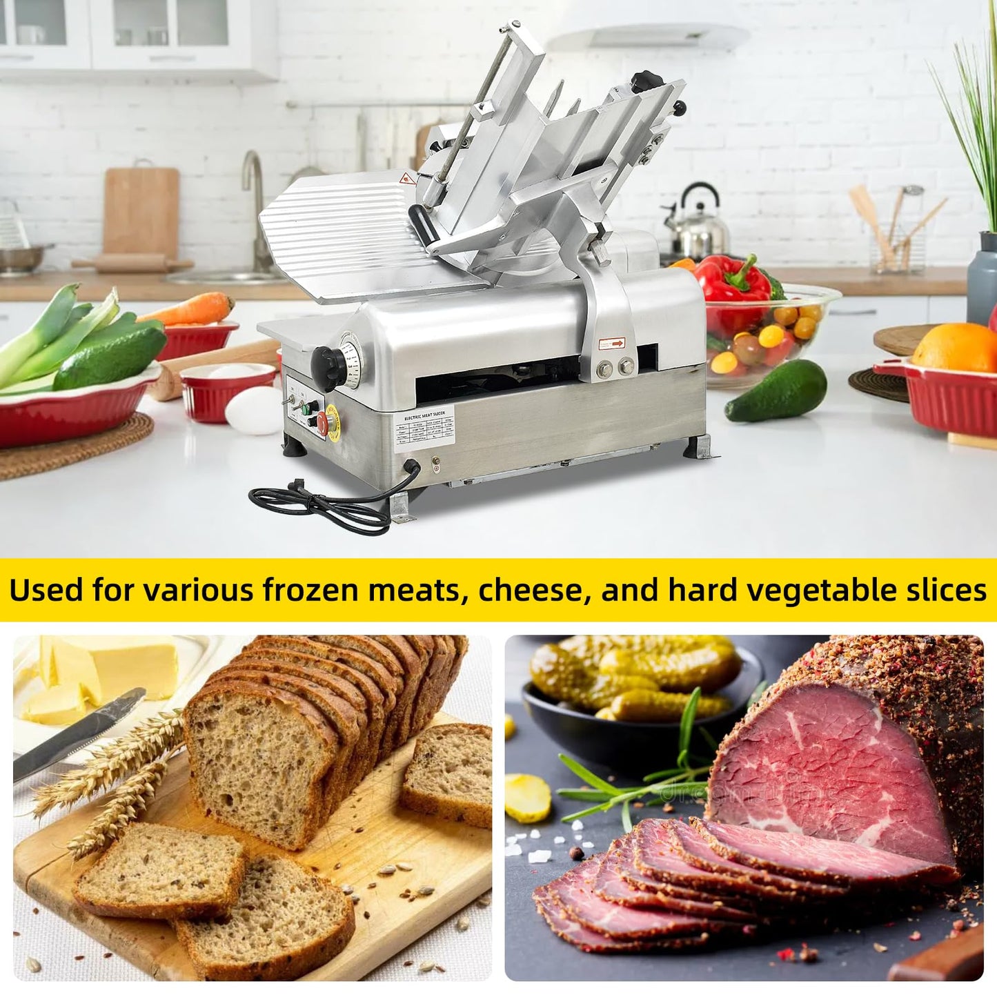 Commercial Meat Slicer, 13 in Electric Food Slicer - Fully-Auto 370W+550W, Stainless Steel, Adjustable Thickness 0-16 mm, Silver, Home & Commercial Use