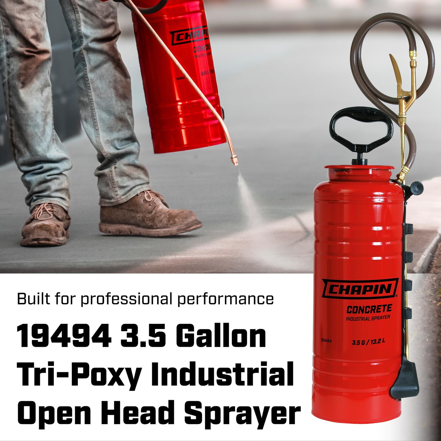 Chapin 19494 Industrial Sprayer, 3.5 Gallon Tri-Poxy Open Head Sprayer for Professional Concrete & Construction Applications, Chemical-Resistant Seals with All Brass Components, 3 Nozzles
