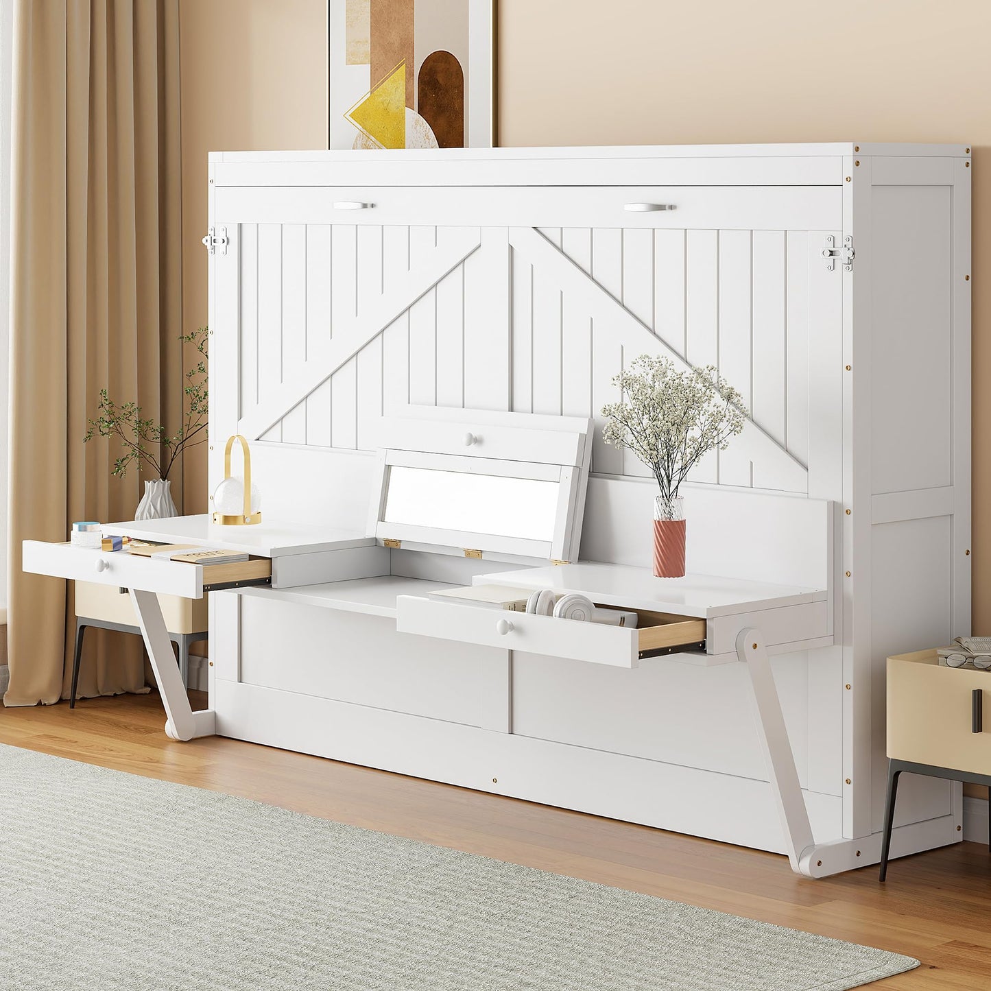 DNYN Murphy Bed with Vanity Desk and Center Mirror for Bedroom/Guest Room, Space-Saving Queen Size Foldable Wall Bed Frame with 2 Side Storage Drawers, No Box Spring Needed