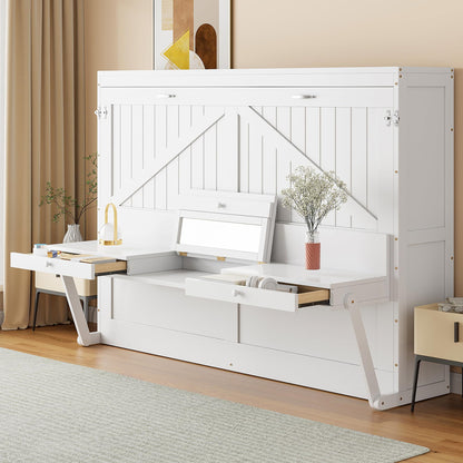 DNYN Murphy Bed with Vanity Desk and Center Mirror for Bedroom/Guest Room, Space-Saving Queen Size Foldable Wall Bed Frame with 2 Side Storage Drawers, No Box Spring Needed