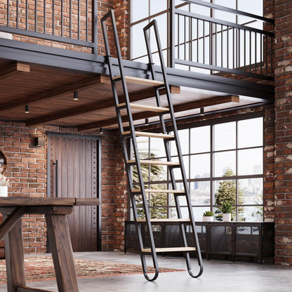 9.35FT Industrial Style Loft Ladder, 7 Steps with Black Steel Handrails & Solid Wood Steps, 450lbs Capacity, Fits 7.2-8FT Installation Height, for Attic, Kitchen, Warehouse, Bookshelf& Outdoor