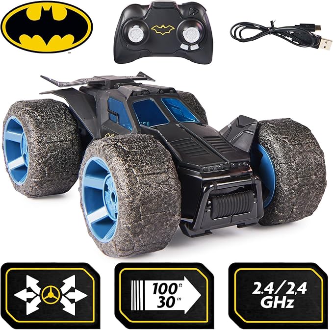 DC Comics Batman Stunt Force Batmobile Indoor Remote Control Car Turbo Boost &amp Crazy Stunts Collectible Super Hero Kids Toys for Boys and Girls 4 and Up