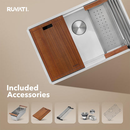 Ruvati 32-inch Undermount 16 Gauge Stainless Steel Workstation Kitchen Sink Single Bowl – Soundproof Multifunction Chef Sink with Cutting Board & Accessories, Brushed Finish Hides Scratches – RVH8300