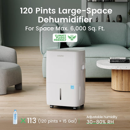 Waykar 120 Pints Energy Star Dehumidifier for Spaces up to 6,000 Sq. Ft at Home, in Basements and Large Rooms with Drain Hose and 1.14 Gallons Water Tank