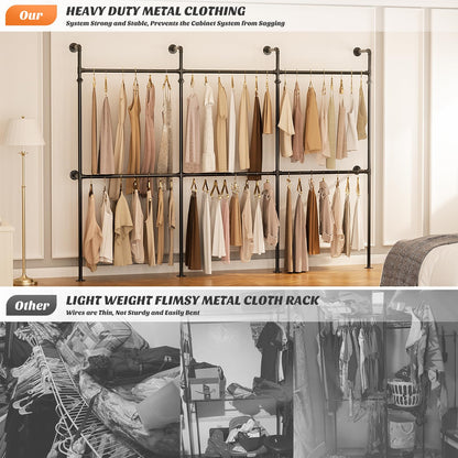 Aheaplus Industrial Pipe Clothing Rack, Reversible 9.85FT Clothes Rack for Hanging Clothes, Heavy Duty Garment Racks, Wall Mounted Closet Wardrobe Racks, Corner L Shaped Walk-in Closet System, Black