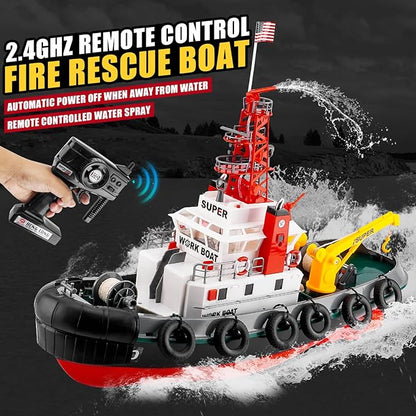 RC Boat HengLong 2.4GHZ US Fire Rescure Boat Remote Control FireBoat Water Spray with 2 Rechargeable Batteries Swimming Pool Lake for Age 14+