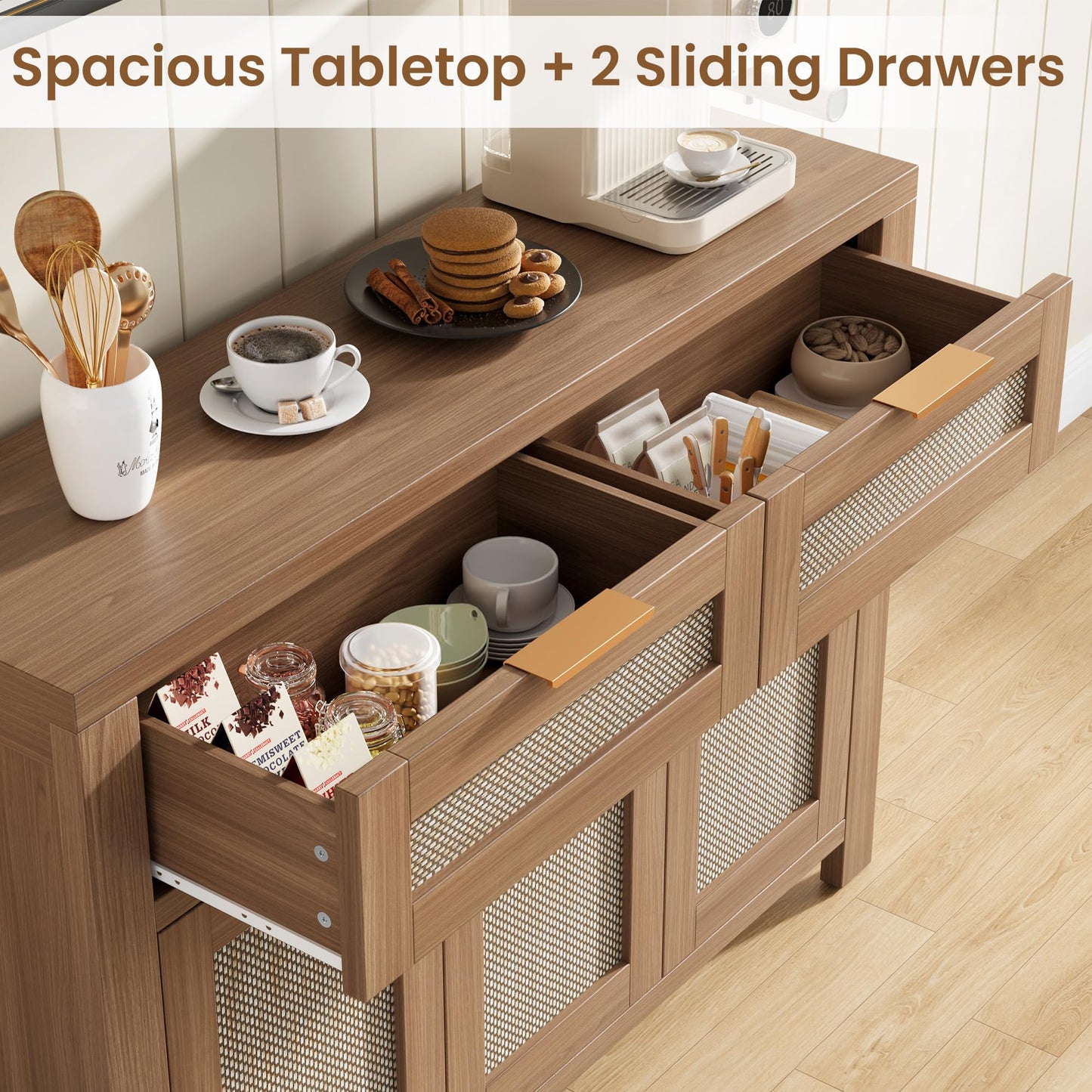 Garvee Rattan Buffet Cabinet, Boho Sideboard with 2 Drawers, Adjustable Shelf, High-Leg Storage Cabinet with Anti-Tip Hardware,for Kitchen,Dining Room,Entryway,Living Room, Light/Dark Oak