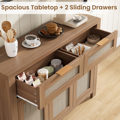 Garvee Rattan Buffet Cabinet, Boho Sideboard with 2 Drawers, Adjustable Shelf, High-Leg Storage Cabinet with Anti-Tip Hardware,for Kitchen,Dining Room,Entryway,Living Room, Light/Dark Oak