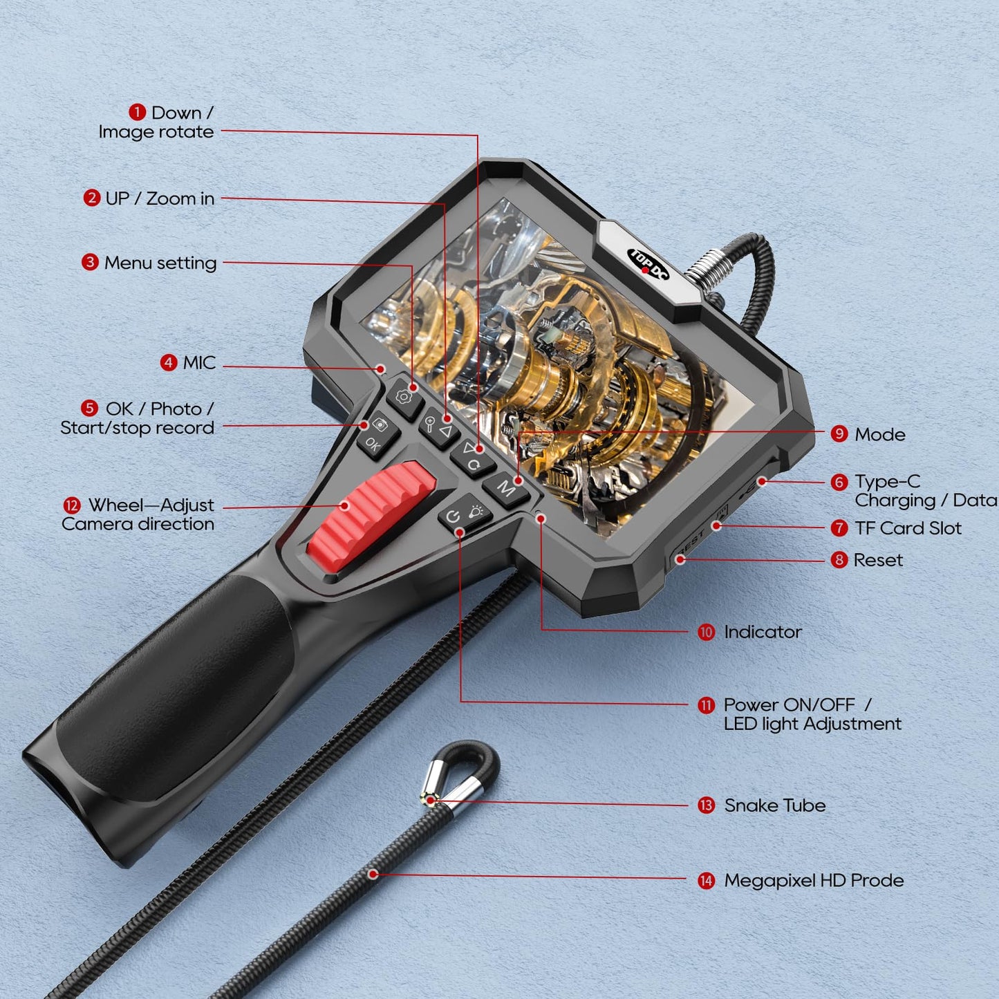 TOPDC Two-Way Articulating Borescope Camera with Light, Industrial Endoscope with 0.24in Articulating Snake Camera, 1920P HD Video Inspection Scope for Automotive & Aircraft Mechanics, 6.5ft