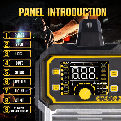 PUWU Plasma Cutter Welder Combo，(HF) TIG/Pulse TIG/Lift TIG/Spot/Stick/CUT 6 In 1 Multi-process Welding Machine，110V/220V Dual Voltage TIG Welding Machine With Large LED Display Synergic Control