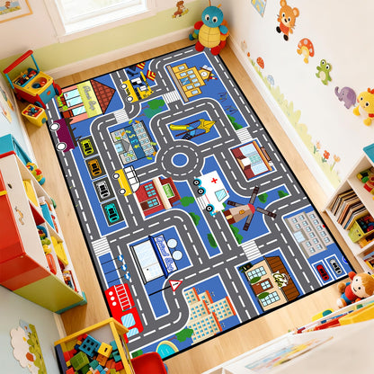 Car Rugs for Kids Toy Cars - Car Track Carpet Blue Road Rug for Kids, Car Traffic Road Play Mat for Room Bedroom Decor, 4'×5'