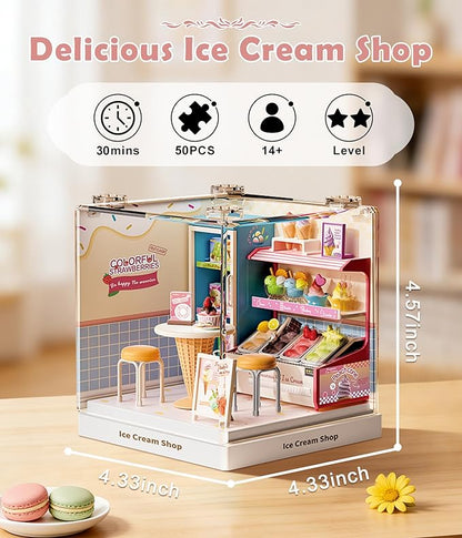 Miniature Ice Cream Shop Model Kit Small-Scale DIY Building Set with Tiny Furniture Highly Detailed Collectible for Adults &amp Craft Lovers Super Mini Series