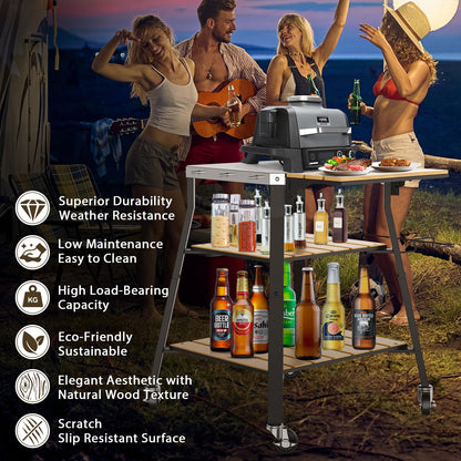 Pizza Oven Stand & Shelf for Solo Stove Pi Pizza Oven, Outrdoor XSKUNStand for Ninja Woodfire, Kitchen Table for Cooking with Stainless Steel Top, WPC Storage Shelves, Lockable 360° Swivel Wheels