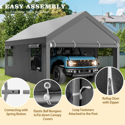 Nuturelly 12x20 FT Carport, Heavy Duty Carport Canopy with Roll-up Windows, Portable Garage with Removable Sidewalls & Doors, Car Canopy with All-Season PE Tarp for Car, Truck, Boat,Gray