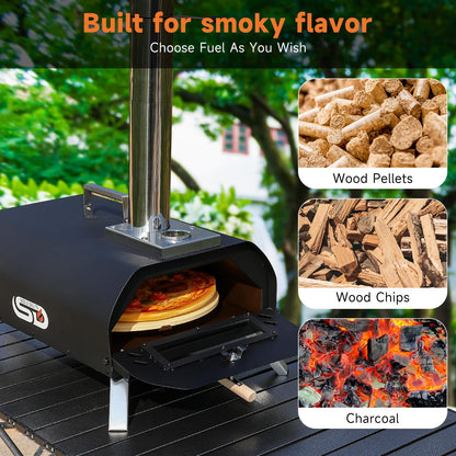 SizzleDelite Outdoor Pizza Oven Wood Pellet 12" Round Pizza Stone, Portable Wood Fired with Built-in Thermometer Pizza Stove, Stainless Steel Pizza Maker for Outside, Backyard, Camping - Black
