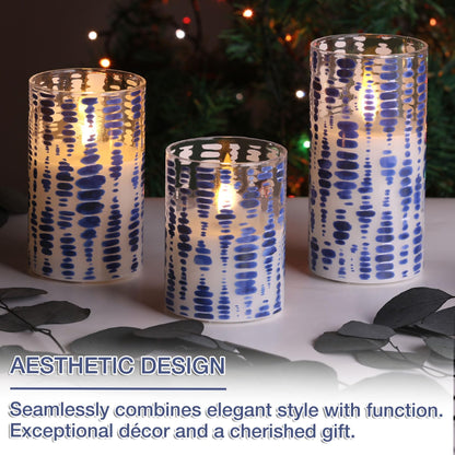 Eywamage Blue Dots Flameless Candles in Glass Jars, Flickering Battery LED Pillar Candles with Remote Set of 3