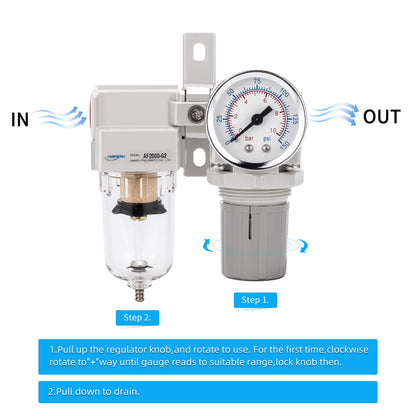 NANPU 1/4" NPT Compressed Air Filter Regulator Combo Piggyback, 5 Micron Element, Poly Bowl, Semi-Auto Drain, Bracket, Gauge (ARF2000)