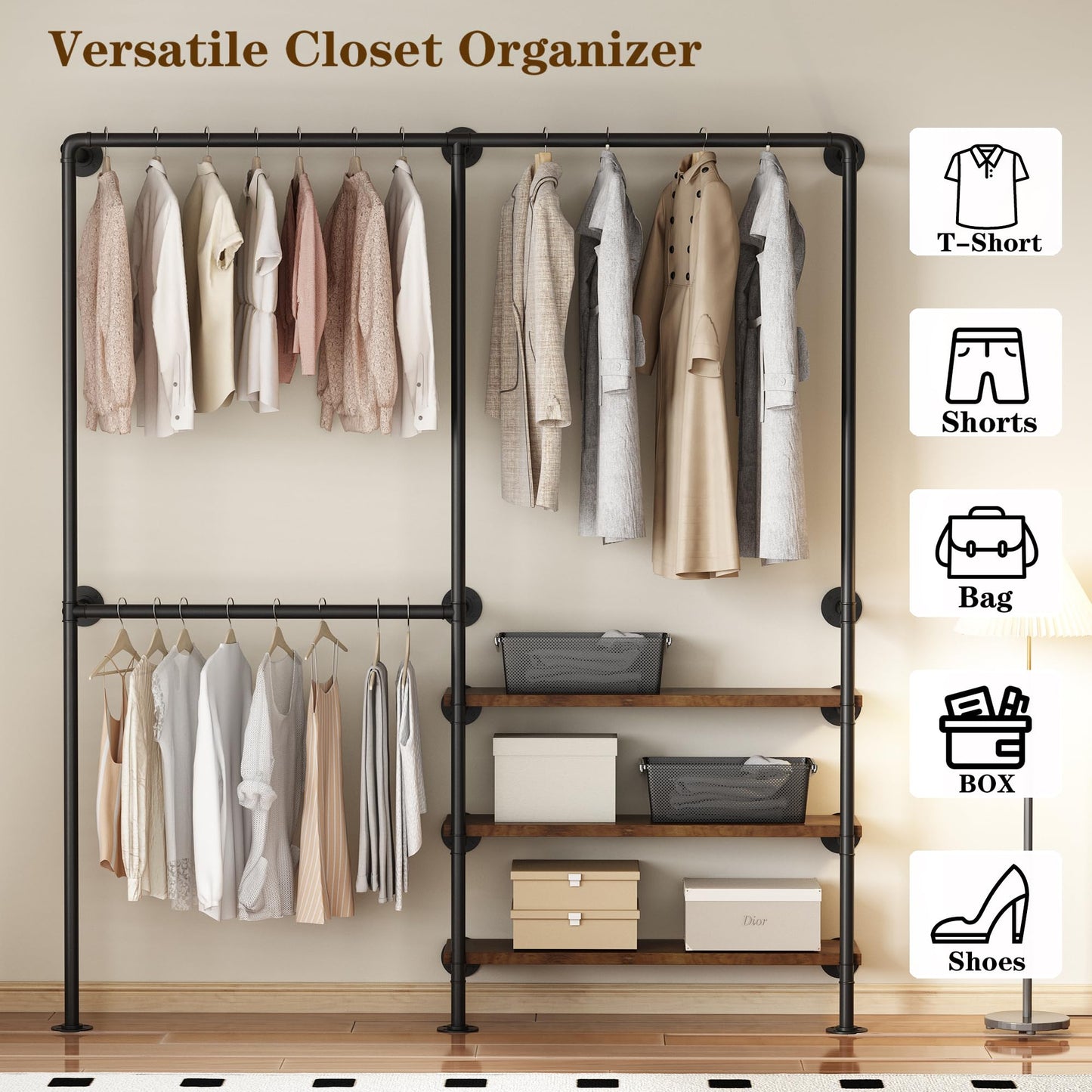 KAILNKISS Industrial Pipe Clothes Rack, Wall Mounted Clothing Rack with Shelves, Heavy Duty Closet Organizers Wardrobe Multi-Purpose Storage Clothes Hanging Shelf-70.8''L Black