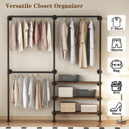 KAILNKISS Industrial Pipe Clothes Rack, Wall Mounted Clothing Rack with Shelves, Heavy Duty Closet Organizers Wardrobe Multi-Purpose Storage Clothes Hanging Shelf-70.8''L Black