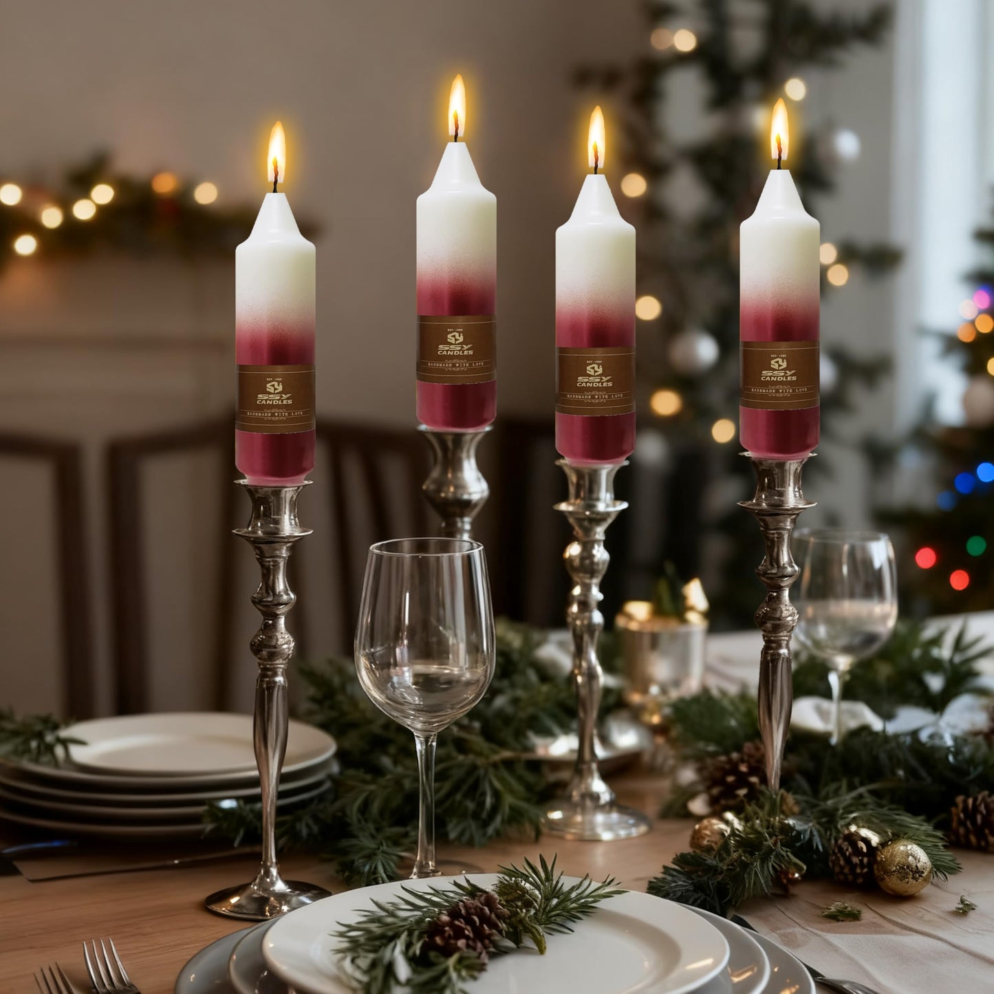 Christmas Metallic Red Candle 5 Inch Short Smokeless Taper Candles 4 Pack Unscented Dinner Candle for Christmas Dinner