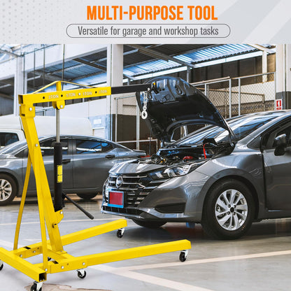 GarveeLife 2-Ton Folding Hydraulic Engine Hoist, Shop Crane with Telescopic Boom & 6 Casters, 4400 Lbs Foldable Cherry Picker Lift for Home Garage, Workshop, Warehouse, Heavy-Duty, Yellow
