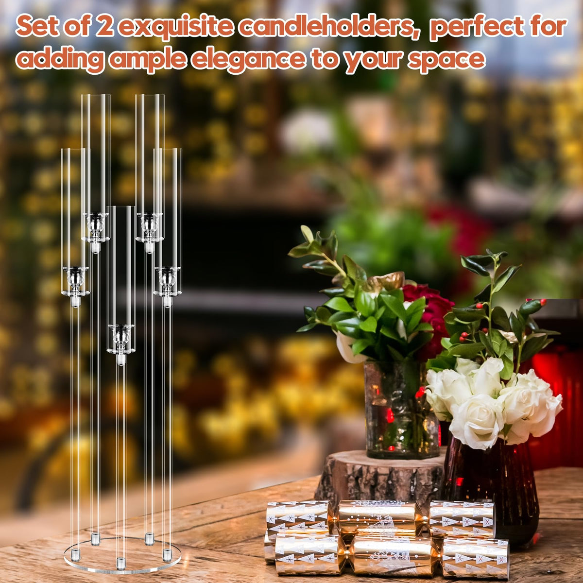 2 Set 5 Arm Acrylic Candle Holder, Mjkeomo 34.6'' Tall Candelabra Centerpieces for Tables Clear Candlesticks Holder with Lampshade for Housewarming Gift Fireplace Dinner Decor Fit 0.87'' LED Candle