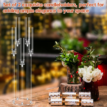 2 Set 5 Arm Acrylic Candle Holder, Mjkeomo 34.6'' Tall Candelabra Centerpieces for Tables Clear Candlesticks Holder with Lampshade for Housewarming Gift Fireplace Dinner Decor Fit 0.87'' LED Candle