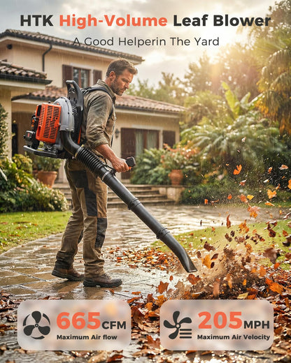 HTK Backpack Blower, 63CC Gas Powered Leaf Blower with 665 CFM & 205 MPH for Commercial Lawn Care, Yard Debris & Snow Removal (Orange)