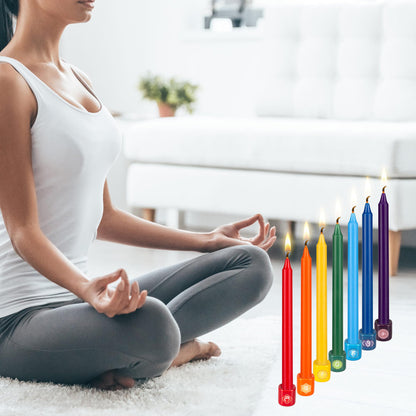 Mega Candles 7 pcs Unscented Straight Taper Chakra Candles Hand Poured Premium Wax Candles 10 Inch x 7/8 Inch, 100% Cotton Wick, Positive Healing Energy, Meditation, Relaxation, Reiki, Yoga