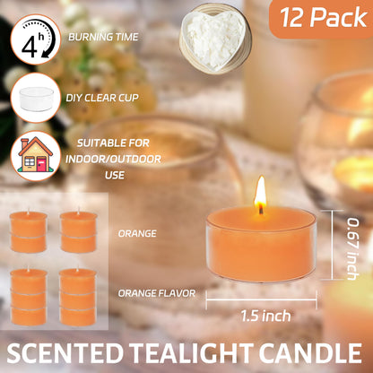 Orange Scented Tea Lights - Handmade Small Round Candles in Transparent Cups, Clean Burning Smokeless 4-Hour Burn, Perfect for Fall Decor, Thanksgiving & Cozy Evenings