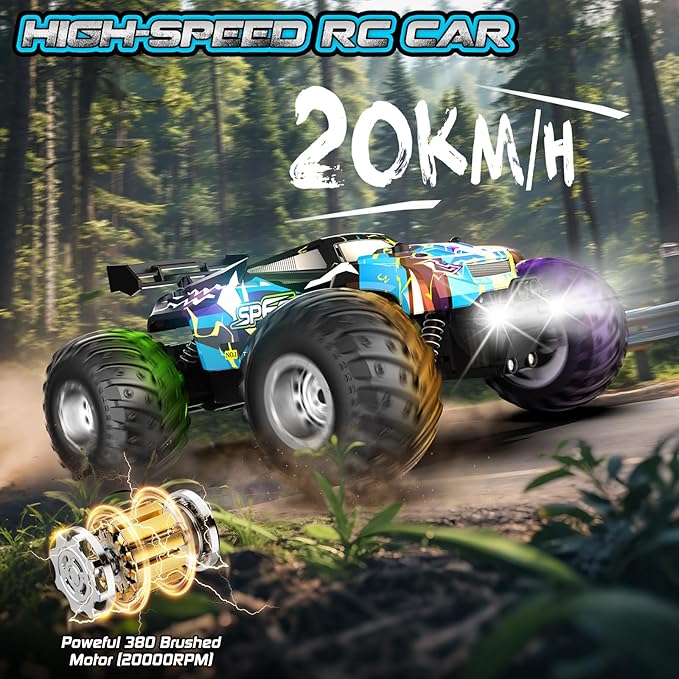 Remote Control Car 2WD Off-Road Rc Truck 20 KM/H All-Terrain RC Cars with Headlights &amp Body Lights 2.4GHz 2 Batteries Remote Control Car for Boys 4-7 8-12 Gift Toys for Boys Girls