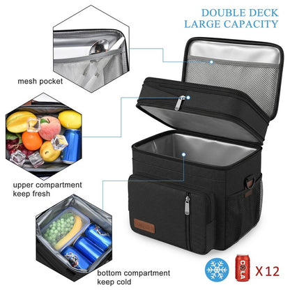 MIYCOO Lunch Bag & Lunch Box for Men Women, Double Deck Leakproof Insulated Soft Large Adult Camping Cooler bag for Work, Beach, Picnic, Travel (Black, 15L)