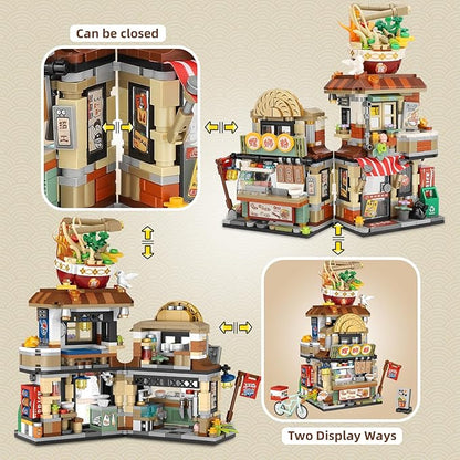 Street View Noodle Shop Mini Building Blocks MOC Creative Building Toys Model Set for Girls 7-9 Years Old 870 PCS Simulation Architecture Construction Toy Gift Idea for Kids Adults